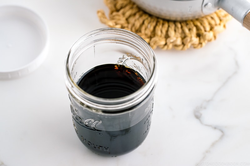 A mason jar containing Homemade Mentsuyu (Tsuyu) / Japanese Soup Base for Noodles.