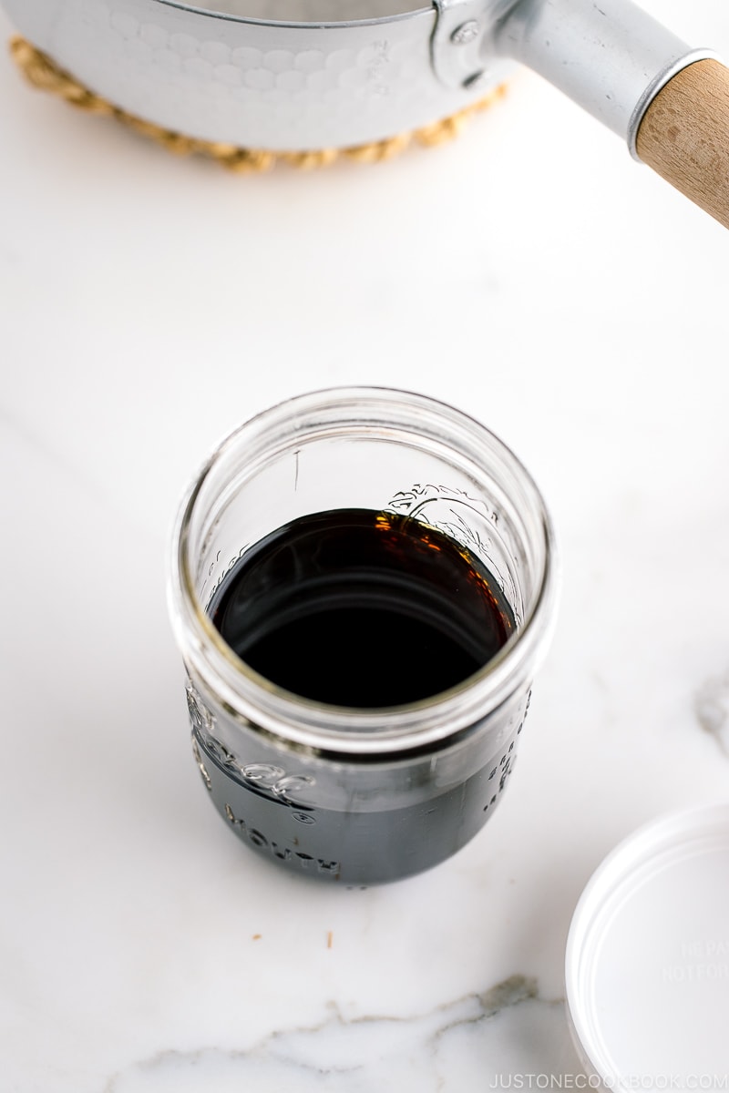 A mason jar containing Homemade Mentsuyu (Tsuyu) / Japanese Soup Base for Noodles.