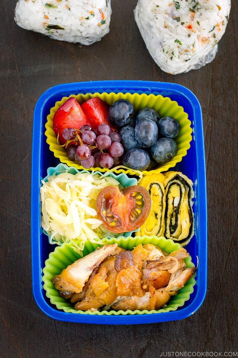 Japanese bento box containing Honey Soy Chicken Wings