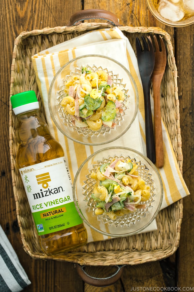 Japanese Macaroni Salad in glass bowls.