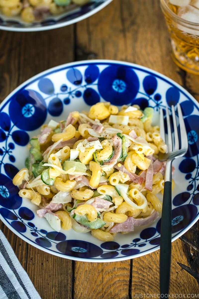 Japanese Macaroni Salad in a blue and white bowl.