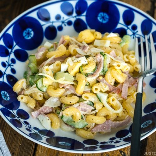 Japanese Macaroni Salad in a blue and white bowl.