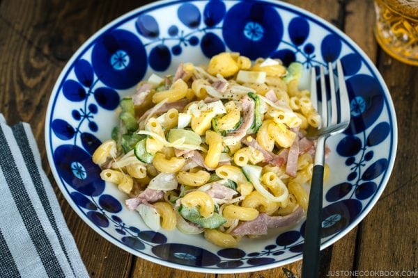 Japanese Macaroni Salad in a blue and white bowl.