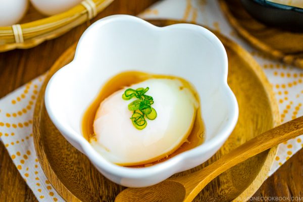 Onsen Tamago in a flower-shaped bowl.