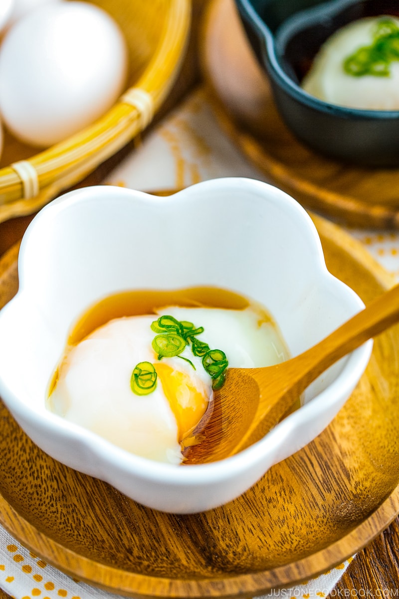 Onsen Tamago in a flower-shaped bowl.