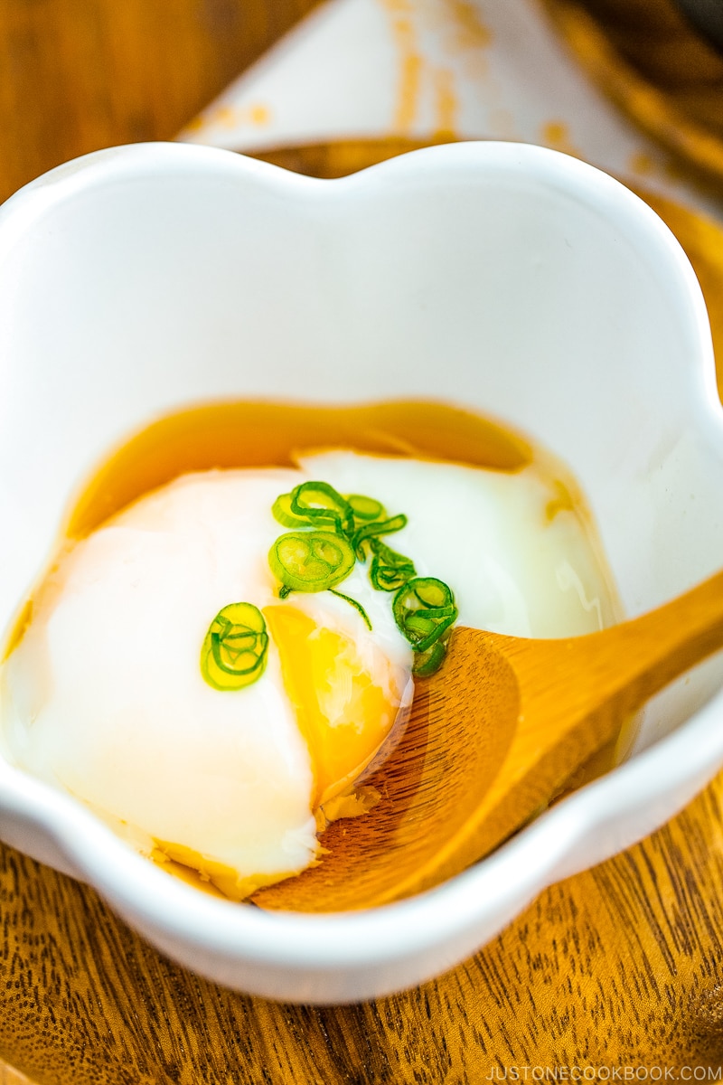 Onsen Tamago in a flower-shaped bowl.