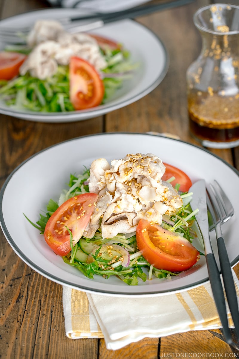 A white dish containing Shabu Shabu Salad.