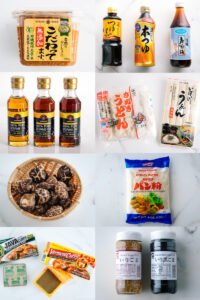 essential ingredients such as sesame oil, soy sauce, udon, shiitake mushrooms, curry roux for japanese cooking