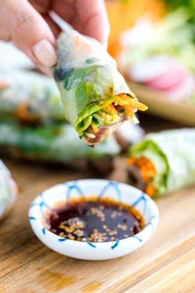 Fresh spring rolls with yakiniku dipped in the bbq sauce.