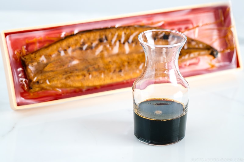 Unagi sauce in a glass bottle.