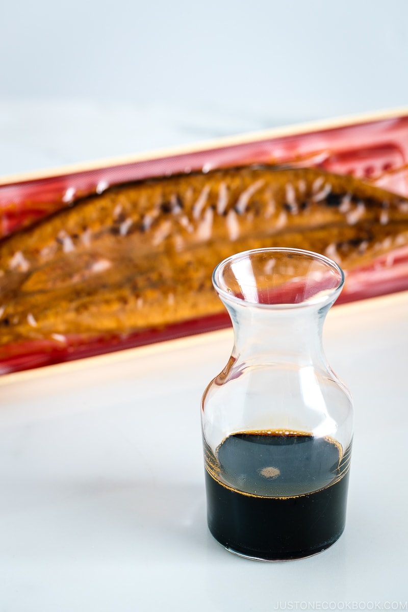 Unagi sauce in a glass bottle.