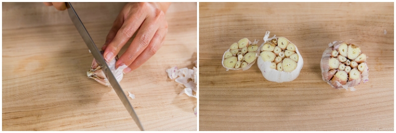 cutting the top of the entire garlic with a knife