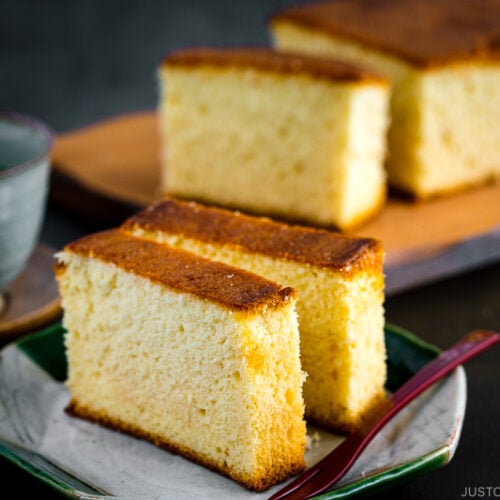 Two slices of Castella (Honey Cake) served on a plate.