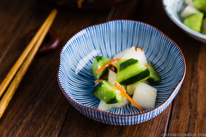 A Japanese ceramic bowl containing Daikon and Cucumber Salad with Shio Koji.