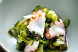 4 kinds of Sunomono (Japanese Cucumber Salad) in bowls..