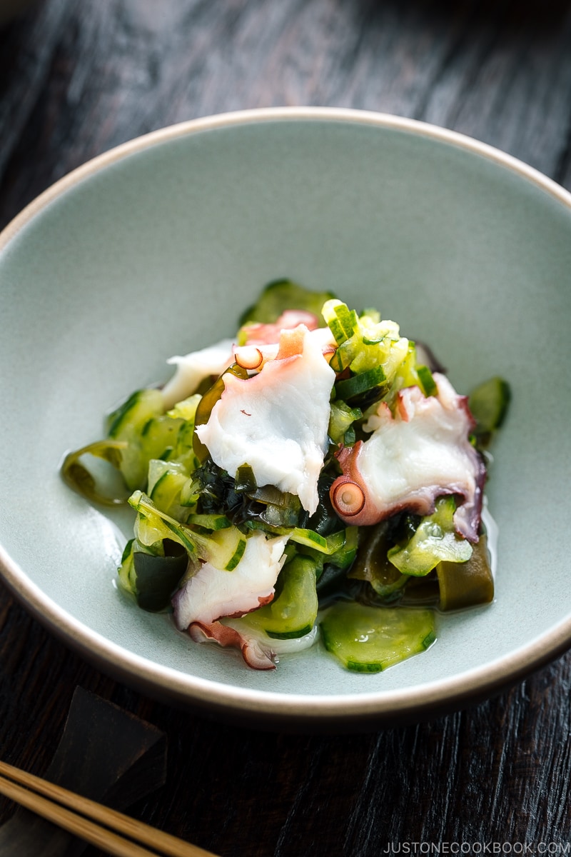 4 kinds of Sunomono (Japanese Cucumber Salad) in bowls..