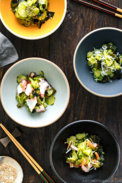 4 kinds of Sunomono (Japanese Cucumber Salad) in bowls..