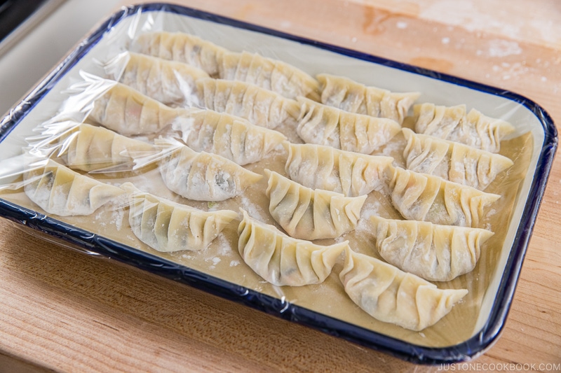 Gyoza in a white tray covered with plastic wrap