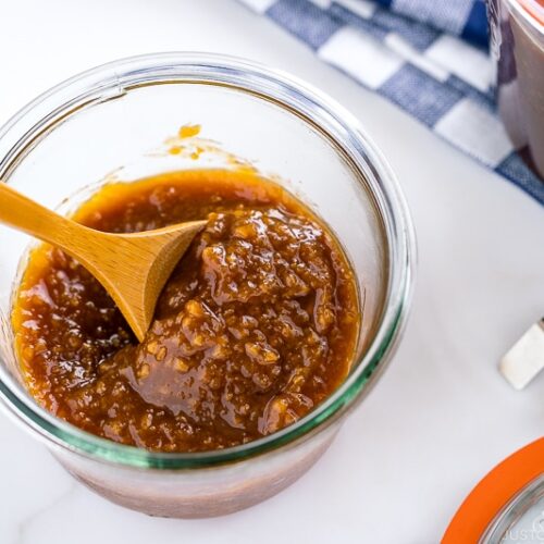 A glass jar containing homemade all purpose miso sauce.