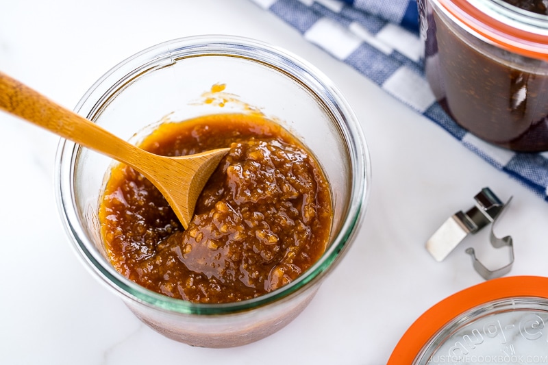 A glass jar containing homemade all purpose miso sauce.