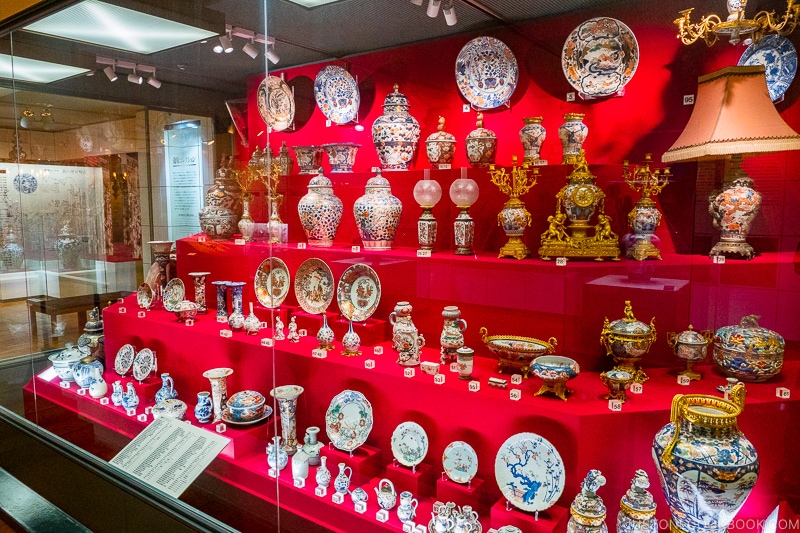 collection of porcelain works on display at The Kyushu Ceramic Museum