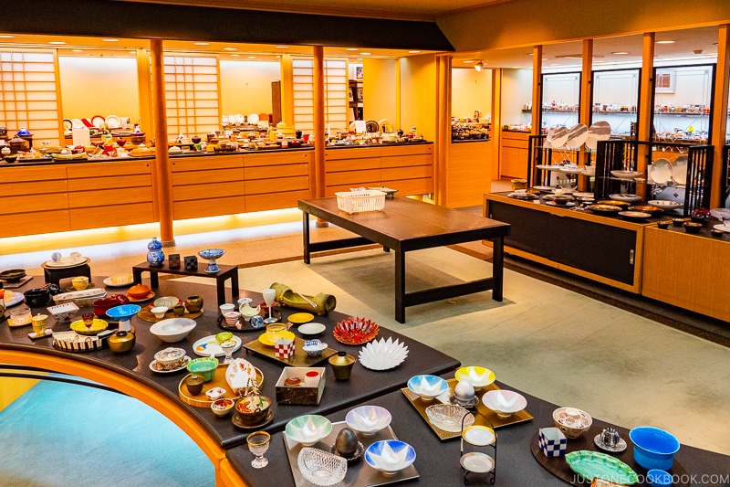 dinnerware on display inside porcelain shops at Arita Sera