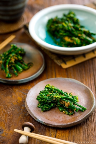 Bizenware plates containing Broccolini Gomaae.