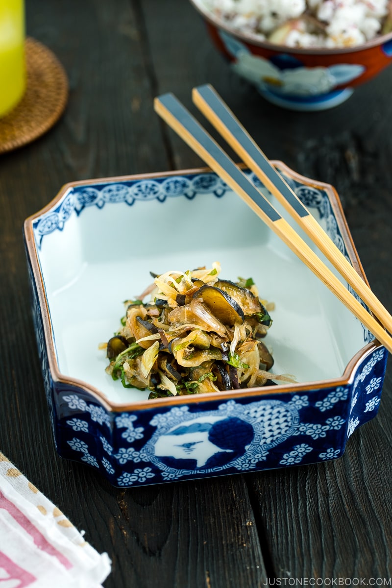 Eggplant and Myoga Salad in a boxed dish.