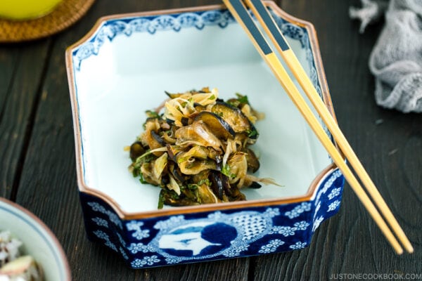 Eggplant and Myoga Salad in a boxed dish.