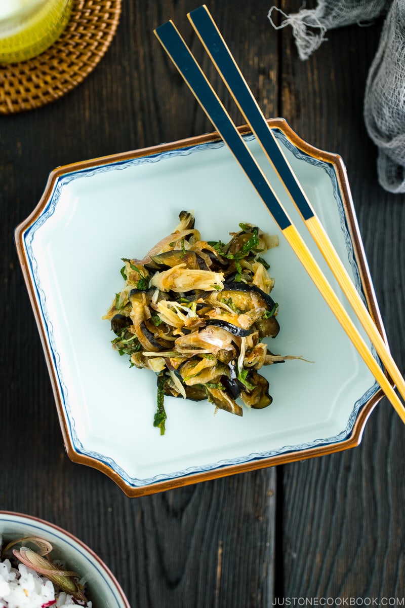 Eggplant and Myoga Salad in a boxed dish.