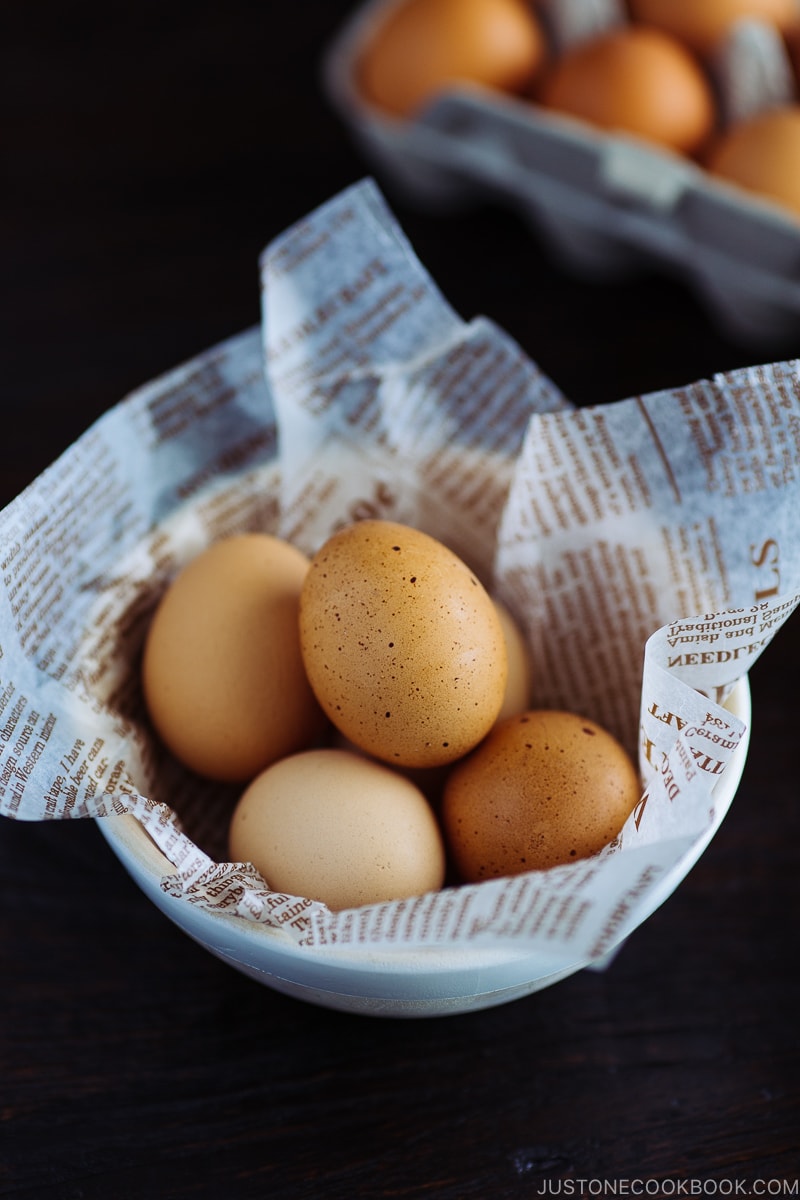 a white bowl containing pasteurized eggs.