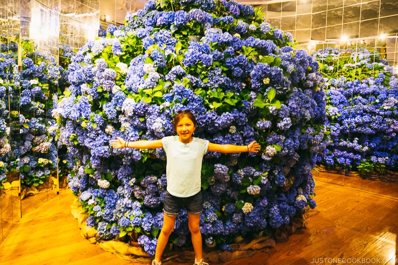 girl in front of a giant hydrangea flower