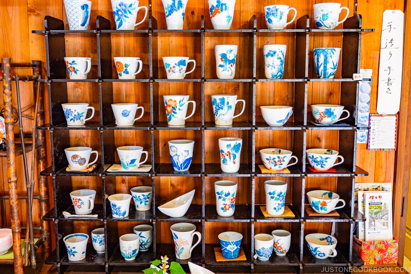 cups on display shelf at Okawachiyama Village