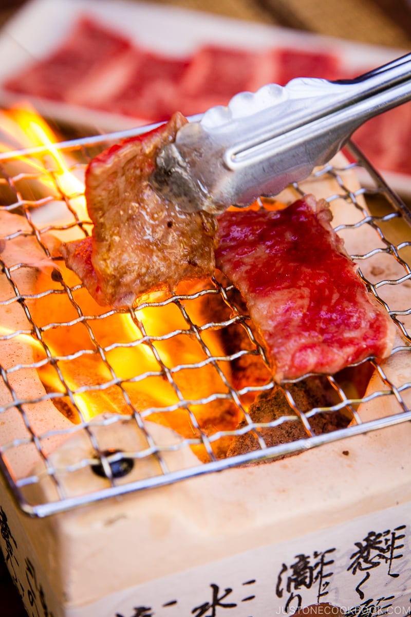 Marbled beef grilled on a charcoal.