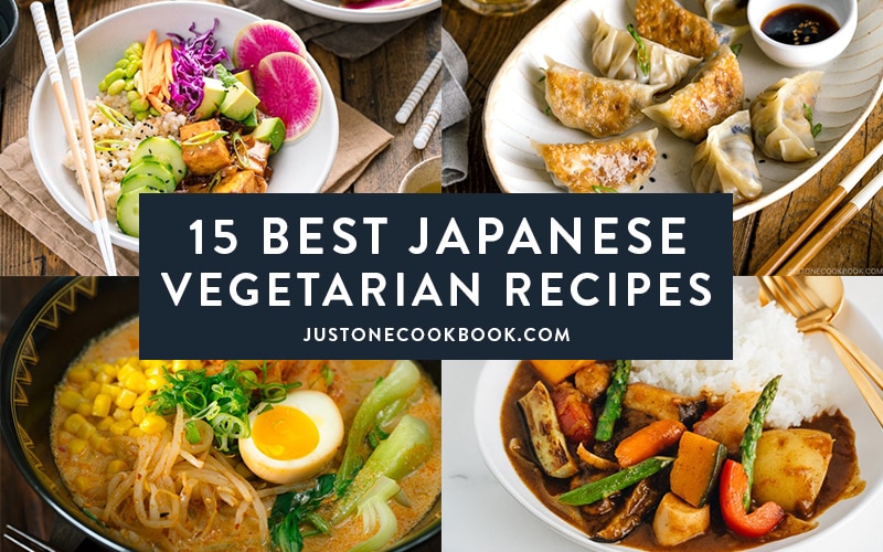 Landscape collage of best Japanese vegetarian recipes, including ramen, curry, poke bowl and gyoza