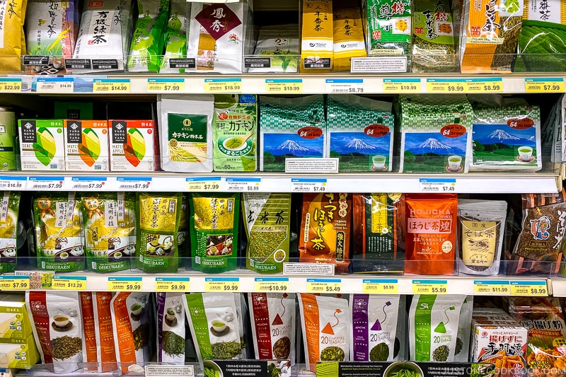 Japanese tea packages on a shelf