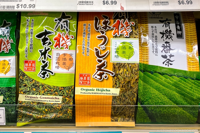 Japanese tea packages on a shelf