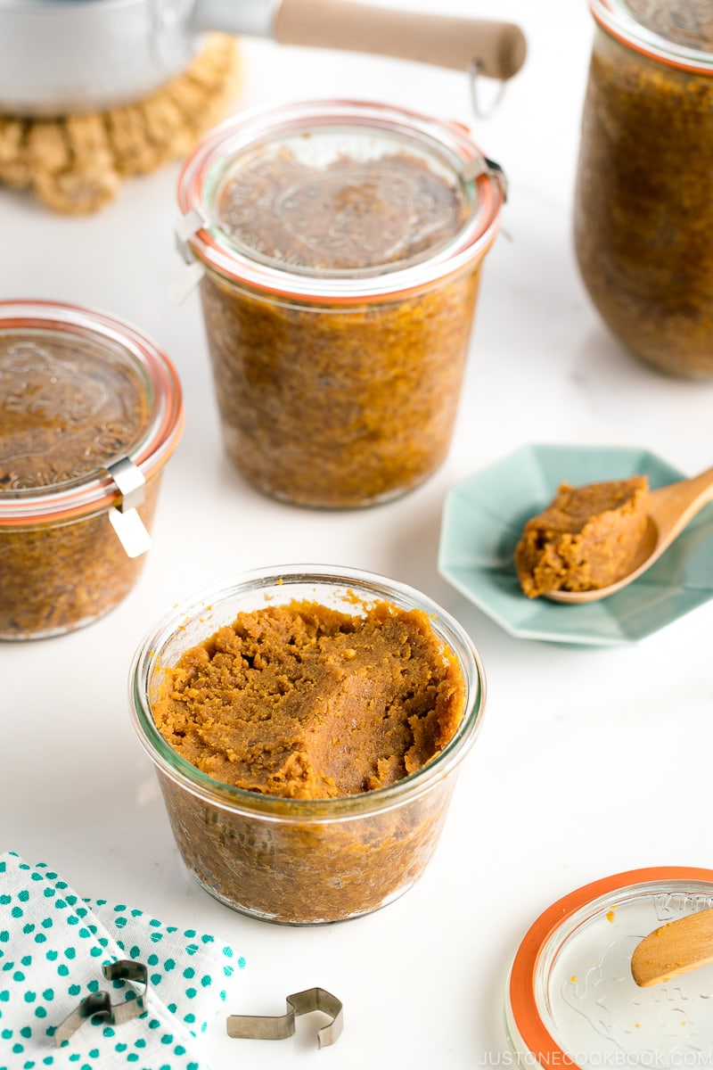 Homemade miso in weck jars.