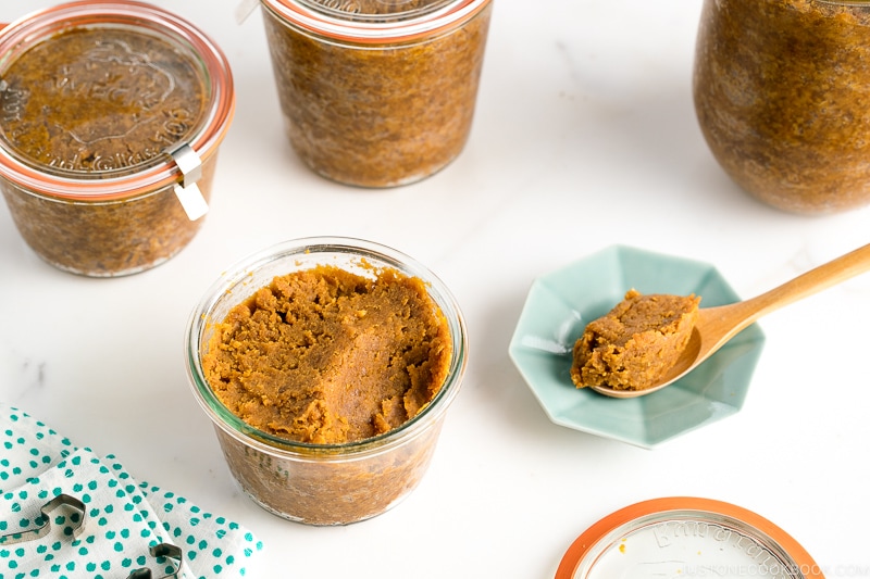 Homemade miso in weck jars.