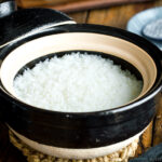 A kamadosan donabe containing perfectly cooked Japanese rice.