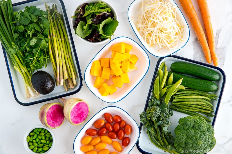 Trays of colorful vegetables.