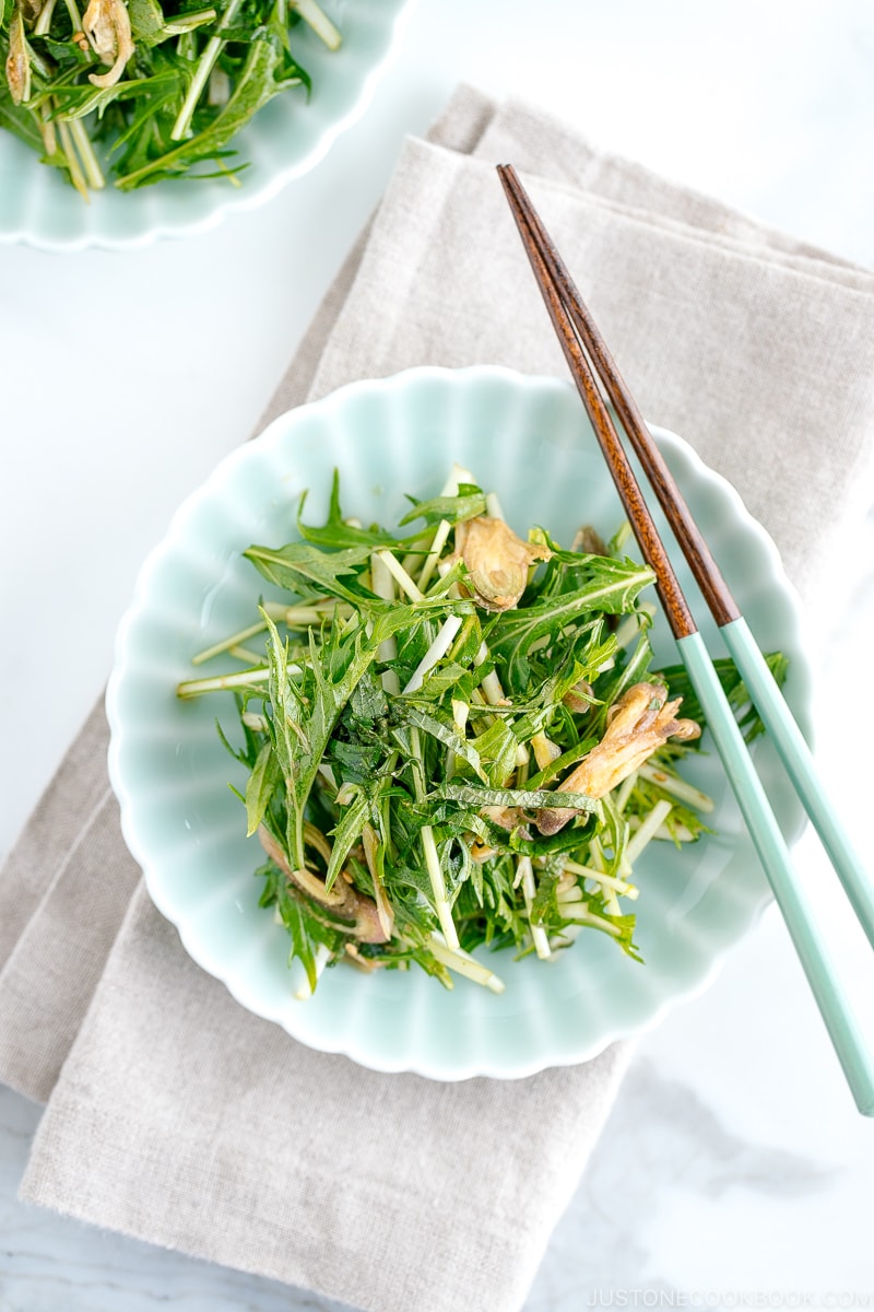 Light green plates containing Mizuna Myoga Salad.