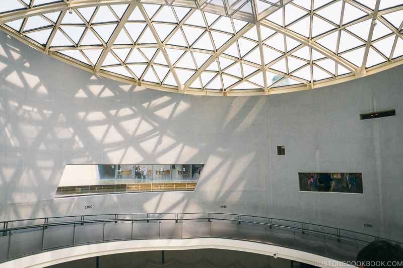 inside Nagasaki Atomic Bomb Museum building with glass dome ceiling and floating walkway along the wall