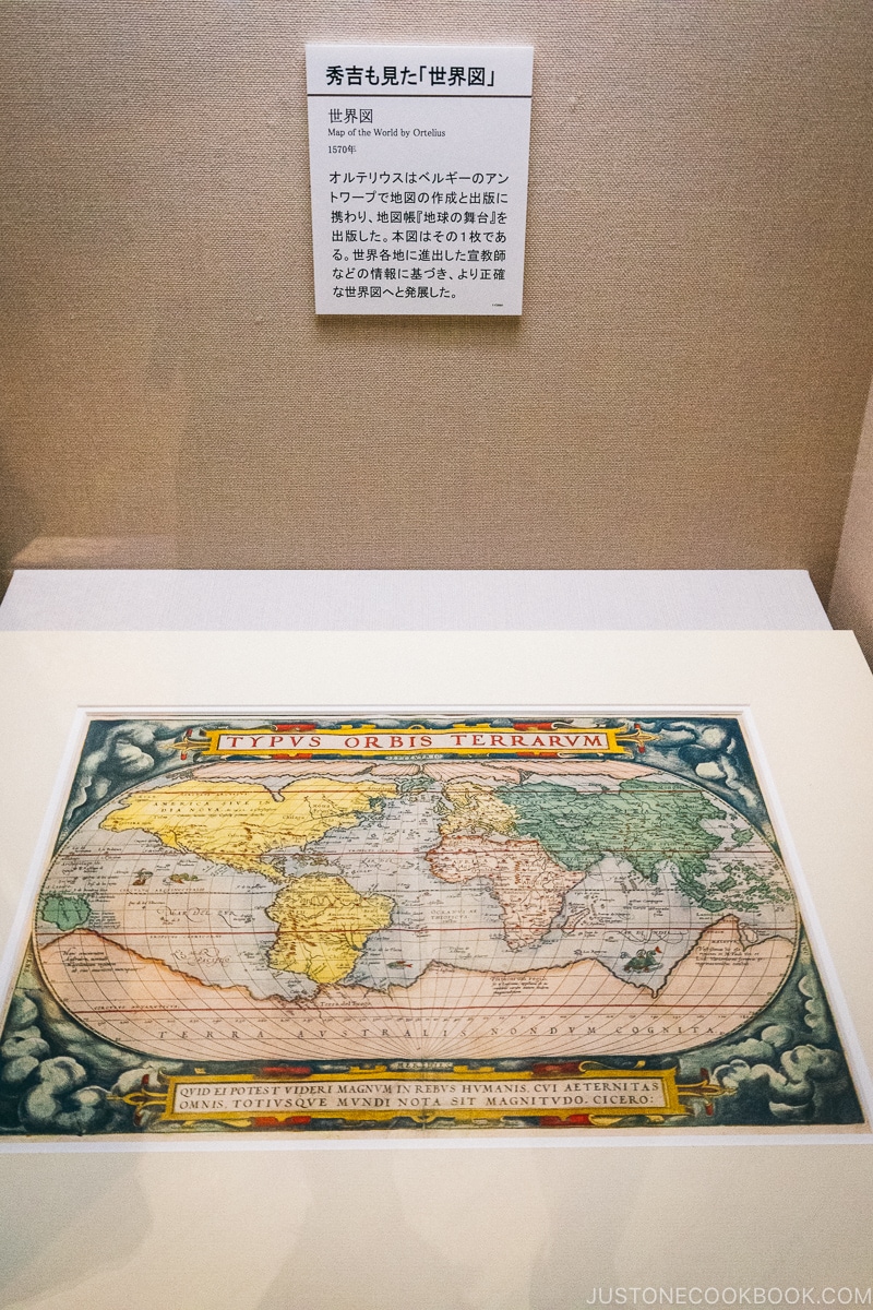 replica of world map from 1570s in a display case