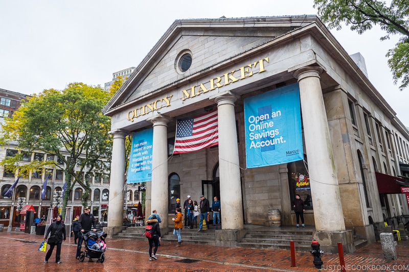 exterior of Quincy Market front entrance with four large columns