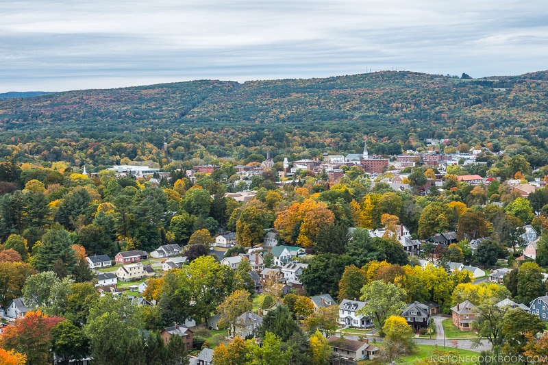 view of the town of Greenfield and hills in the back