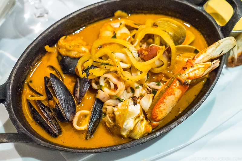 seafood stew in a cast iron pan