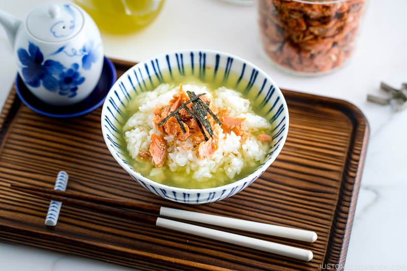 Ochazuke with salmon flakes on top.