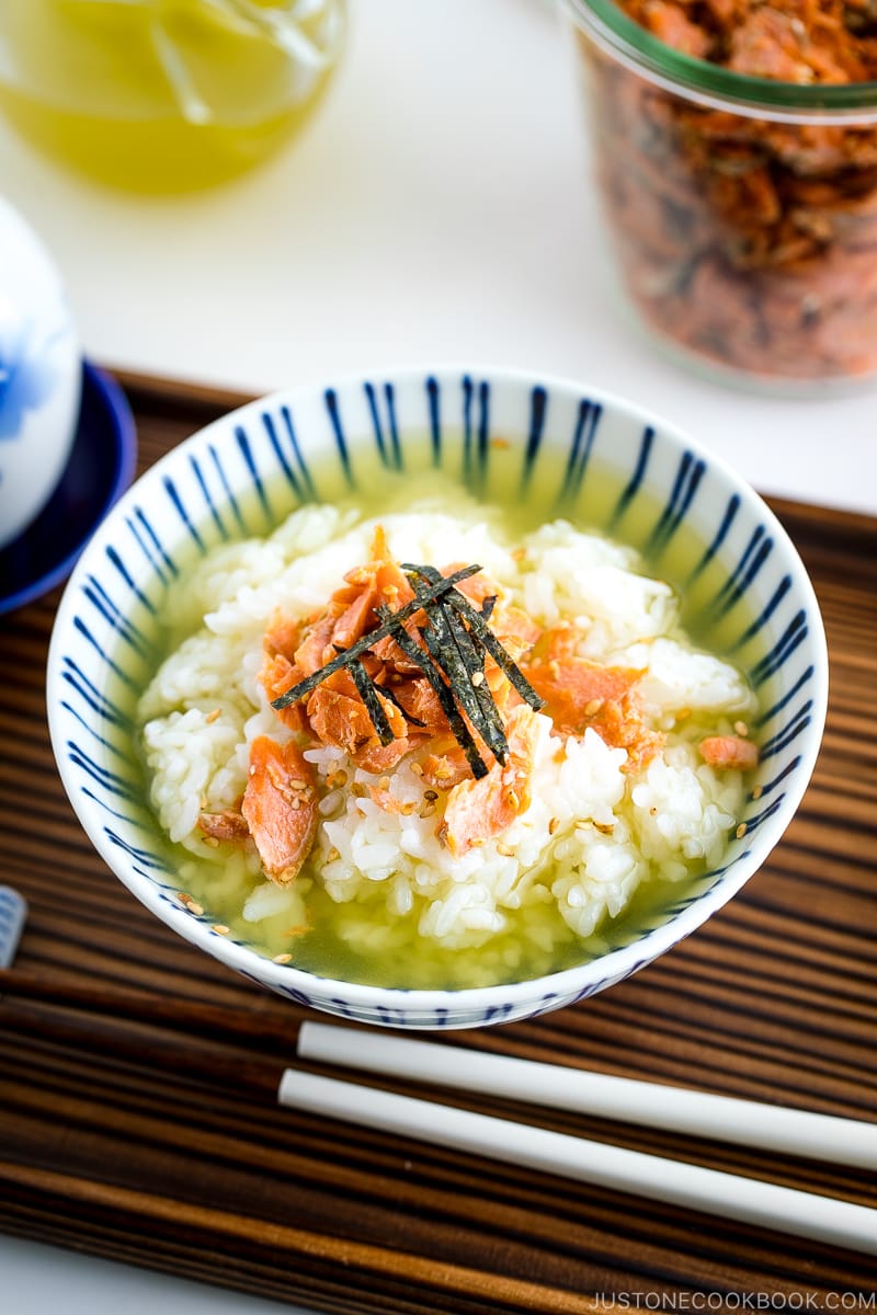 Ochazuke with salmon flakes on top.