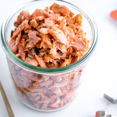 A weck jar containing homemade salmon flakes.